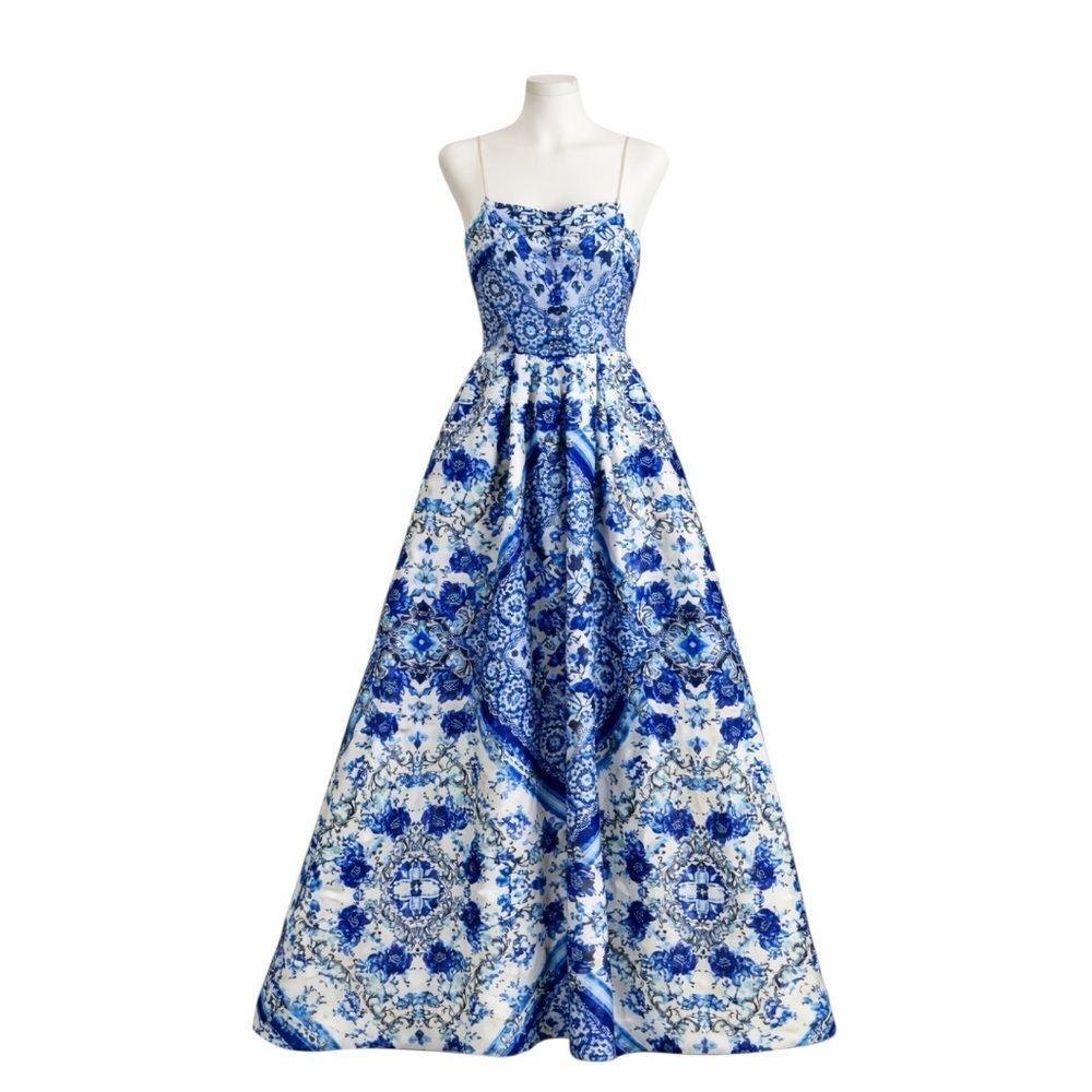 Blue & White Porcelain Print Fit & Flare Dress Size 9 Prom Wedding Guest